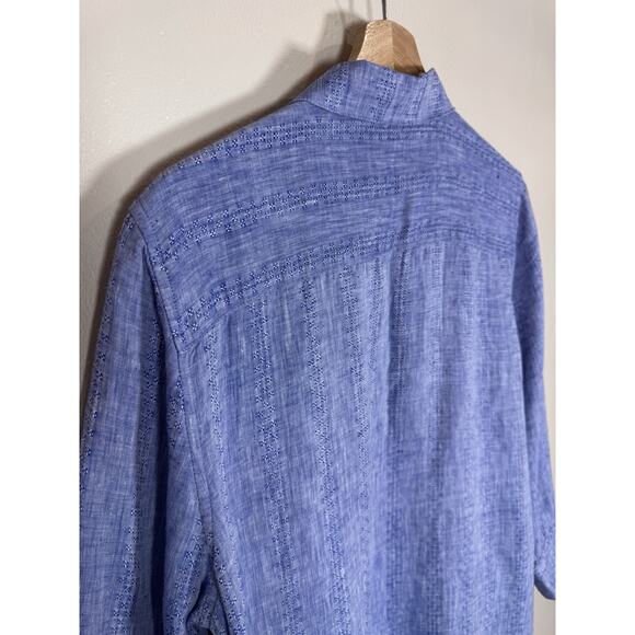 Chicos Blue Button Down Shirt 100% Linen 3/4 Sleeve NO IRON Tunic 12/14 - Picture 9 of 12